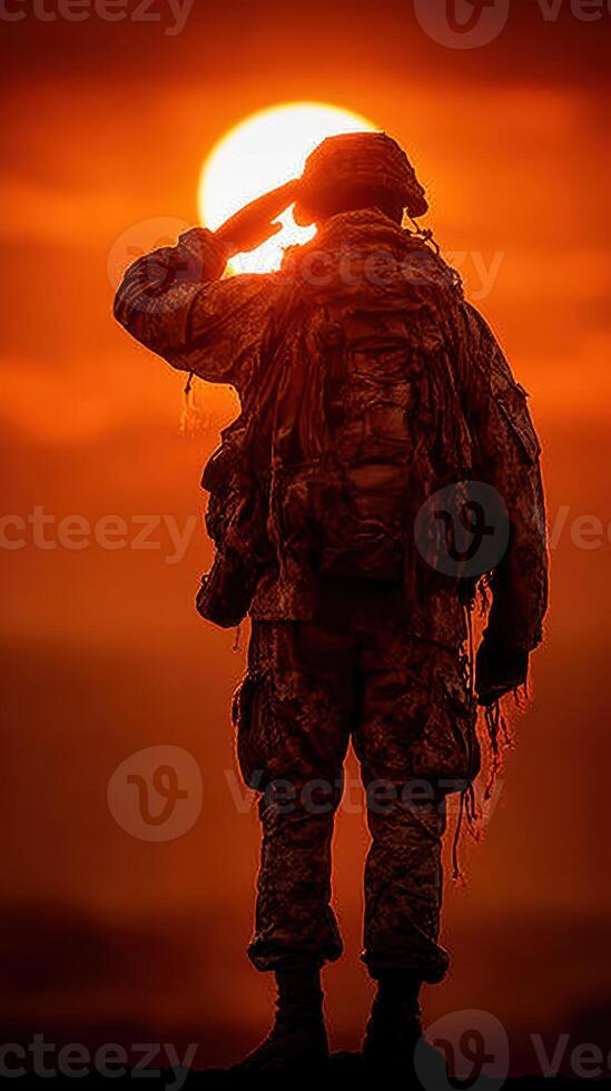 Soldier saluting the setting sun in a dramatic twilight backdrop photo