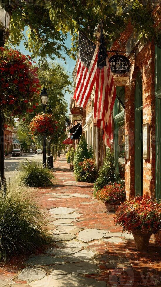 Charming street lined with red brick buildings and flags swaying in the summer breeze photo