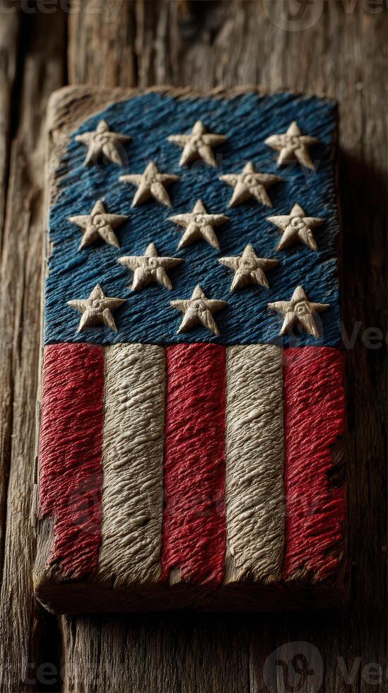 Intricate wooden carving depicting the American flag with stars and stripes design on a rustic surface photo