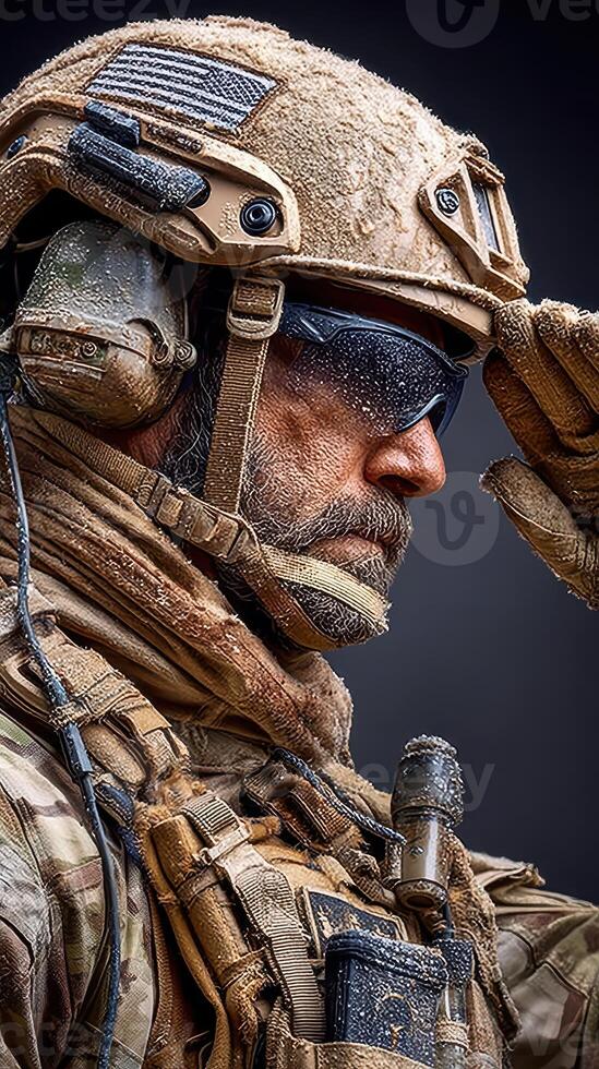 Military soldier in protective gear salutes while covered in dust in an intense moment of dedication photo