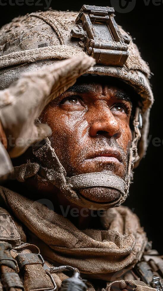 Soldier saluting with determination at sunset, showcasing resilience and bravery in military uniform photo