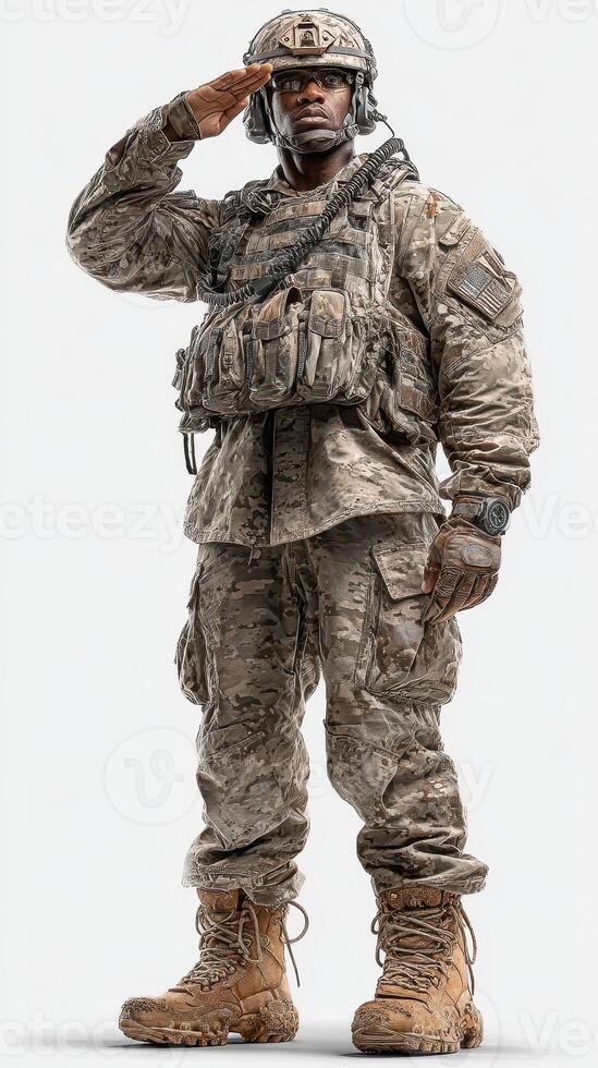 Soldier saluting with military uniform in camouflage standing at attention during training exercise photo