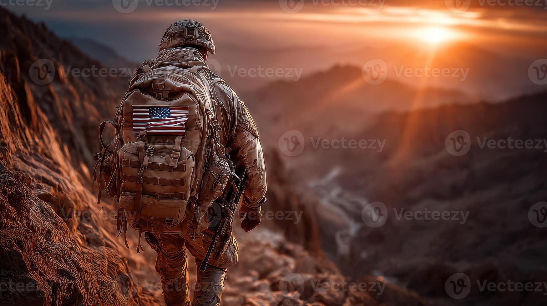 Soldier walks through rugged terrain at sunset showcasing determination and resilience in challenging environment photo