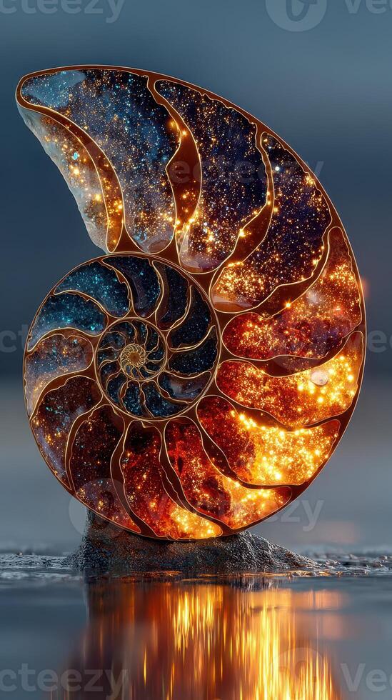 Intricate golden nautilus shell glows with cosmic stars beside tranquil water at dusk photo
