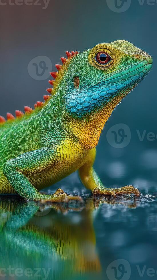Colorful lizard resting on a wet surface in a vibrant outdoor setting during the daytime photo