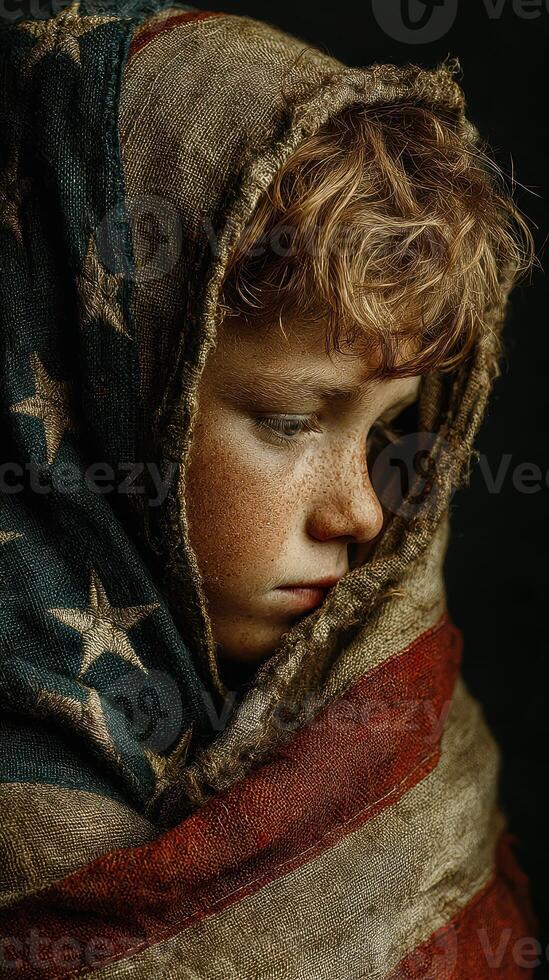 Child wrapped in a flag, evoking emotions of patriotism and nostalgia in a close-up portrait photo