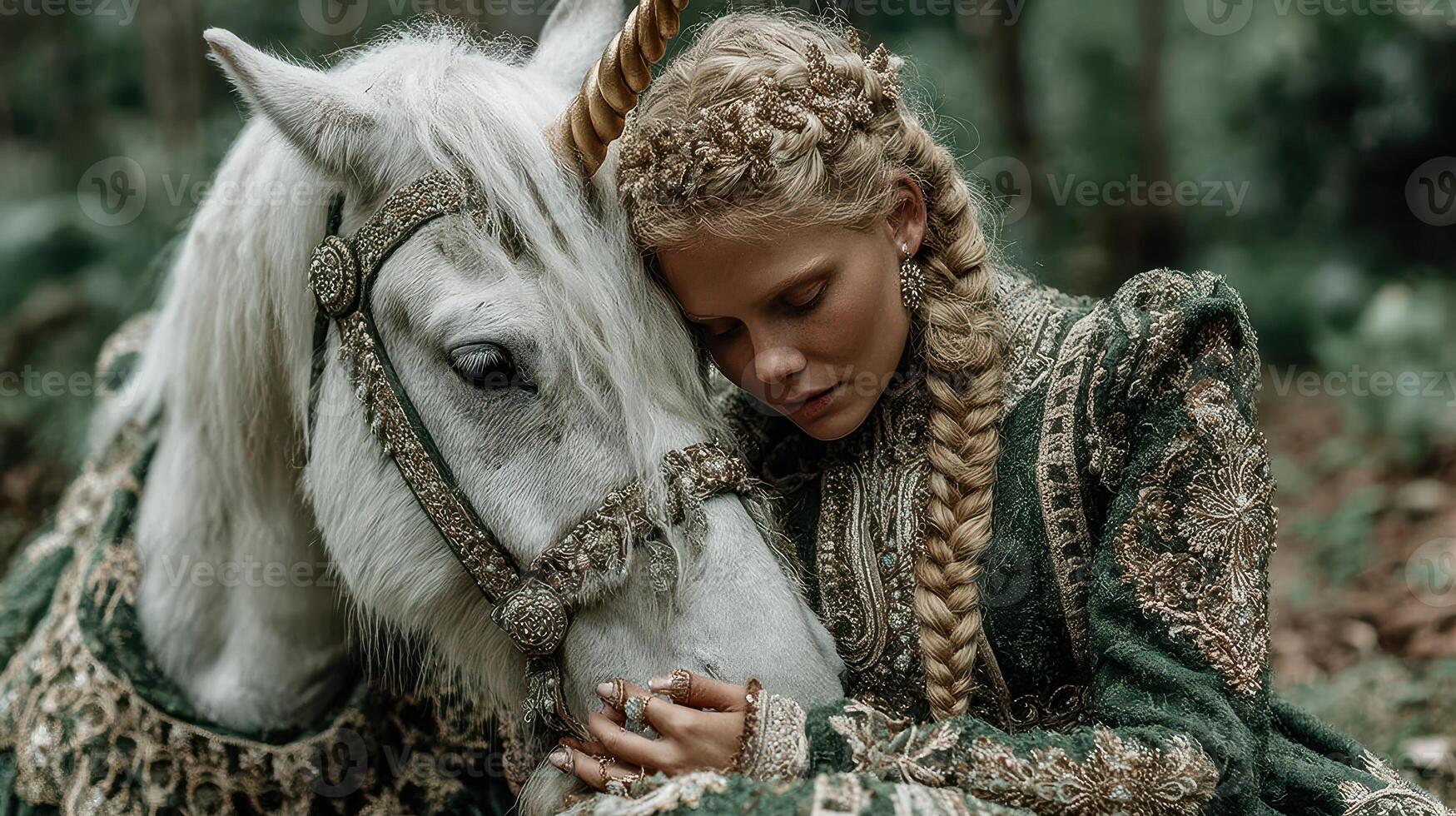 Young girl in ornate gown embraces a white unicorn in a tranquil forest during soft afternoon light photo