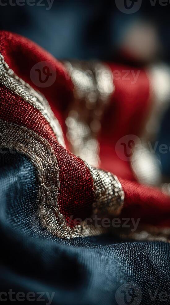 Textiles with intricate embroidery showcasing rich colors and textures in a close-up view of fabric details photo