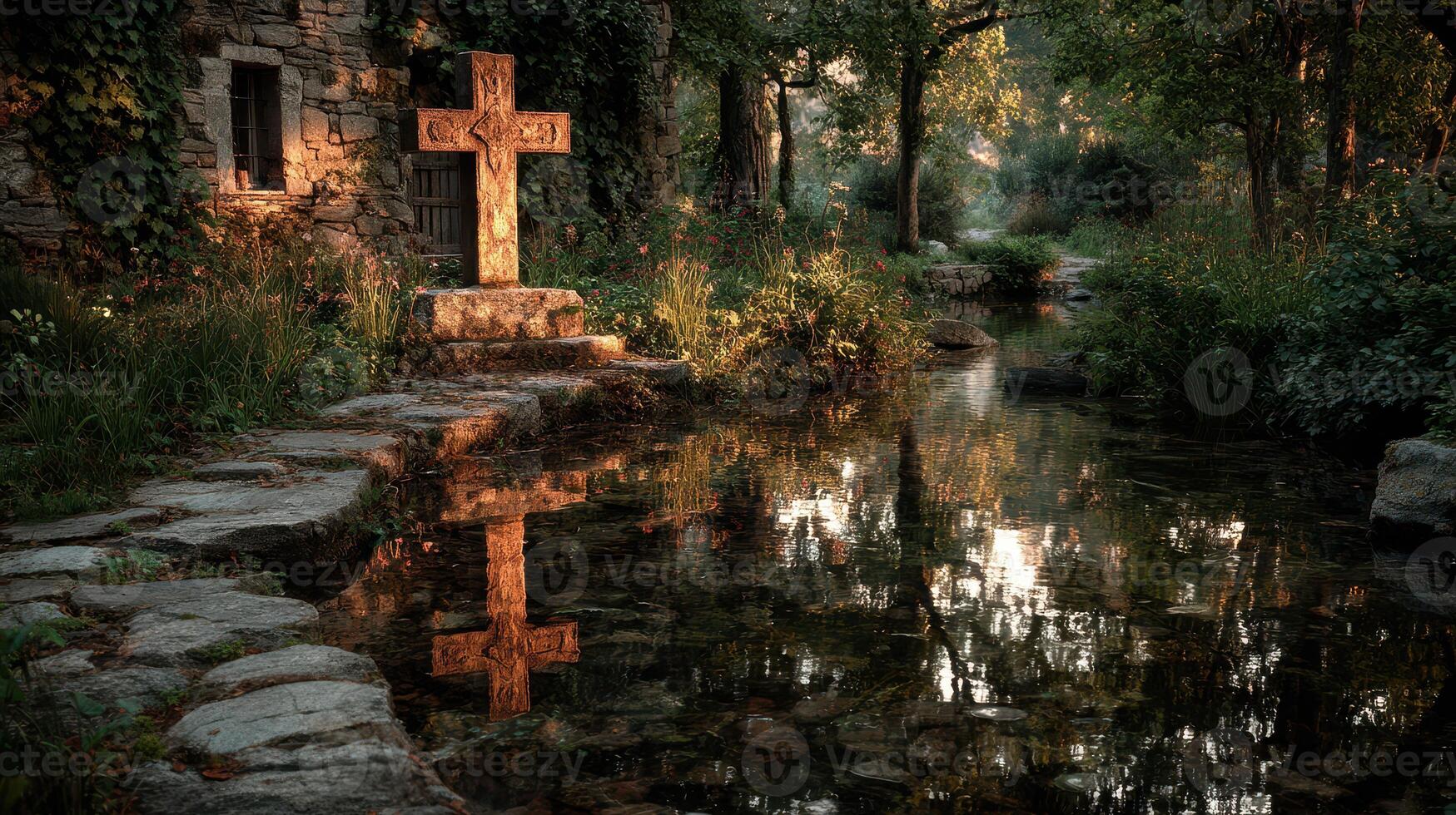Cross reflecting in serene water near old stone structure surrounded by lush greenery during golden hour photo