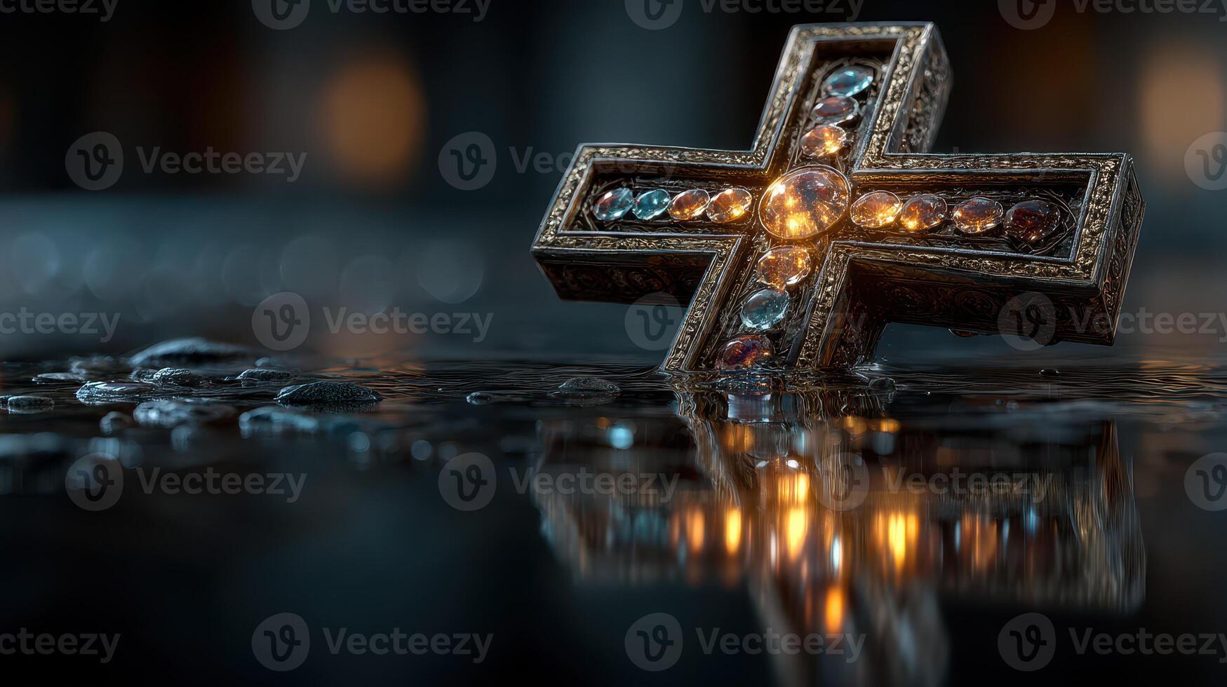 Intricate cross with gemstones resting on a reflective surface in a dimly lit environment photo