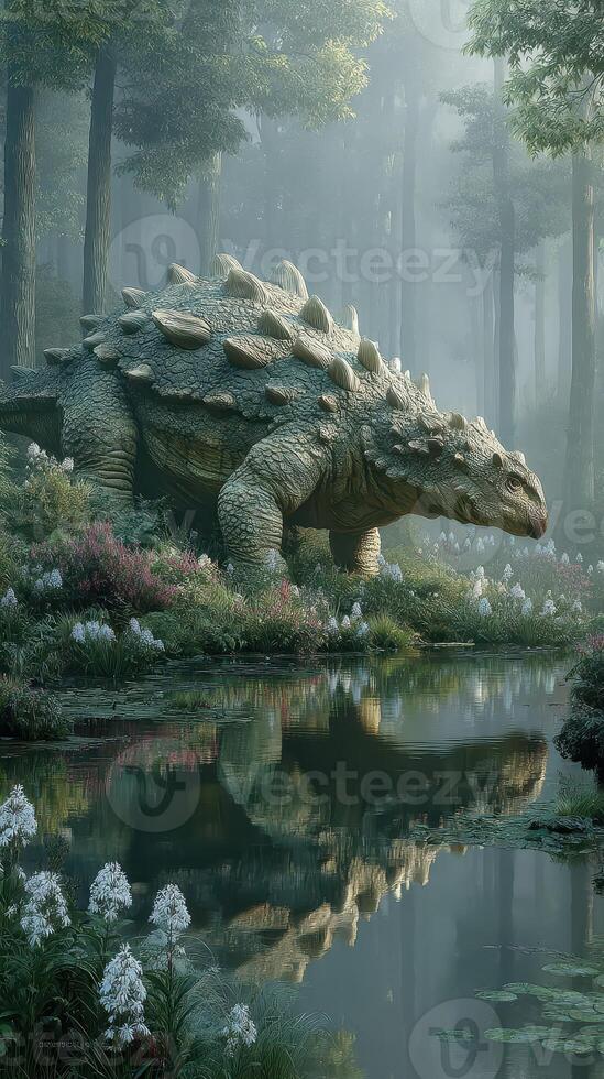 Majestic dinosaur roaming a misty forest near a tranquil pond at dawn photo