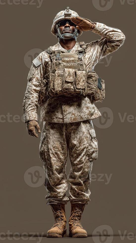 Soldier in military uniform saluting with pride during a training exercise in a neutral setting photo