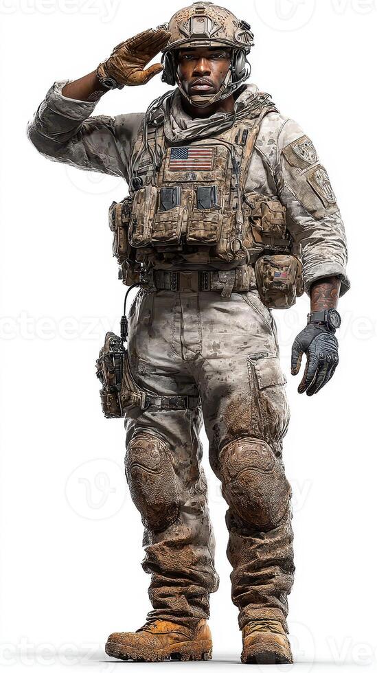 Soldier in tactical gear saluting with muddy uniform in a military setting during daytime photo