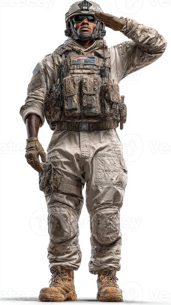 Soldier in military uniform saluting with dedication in a neutral setting during day photo