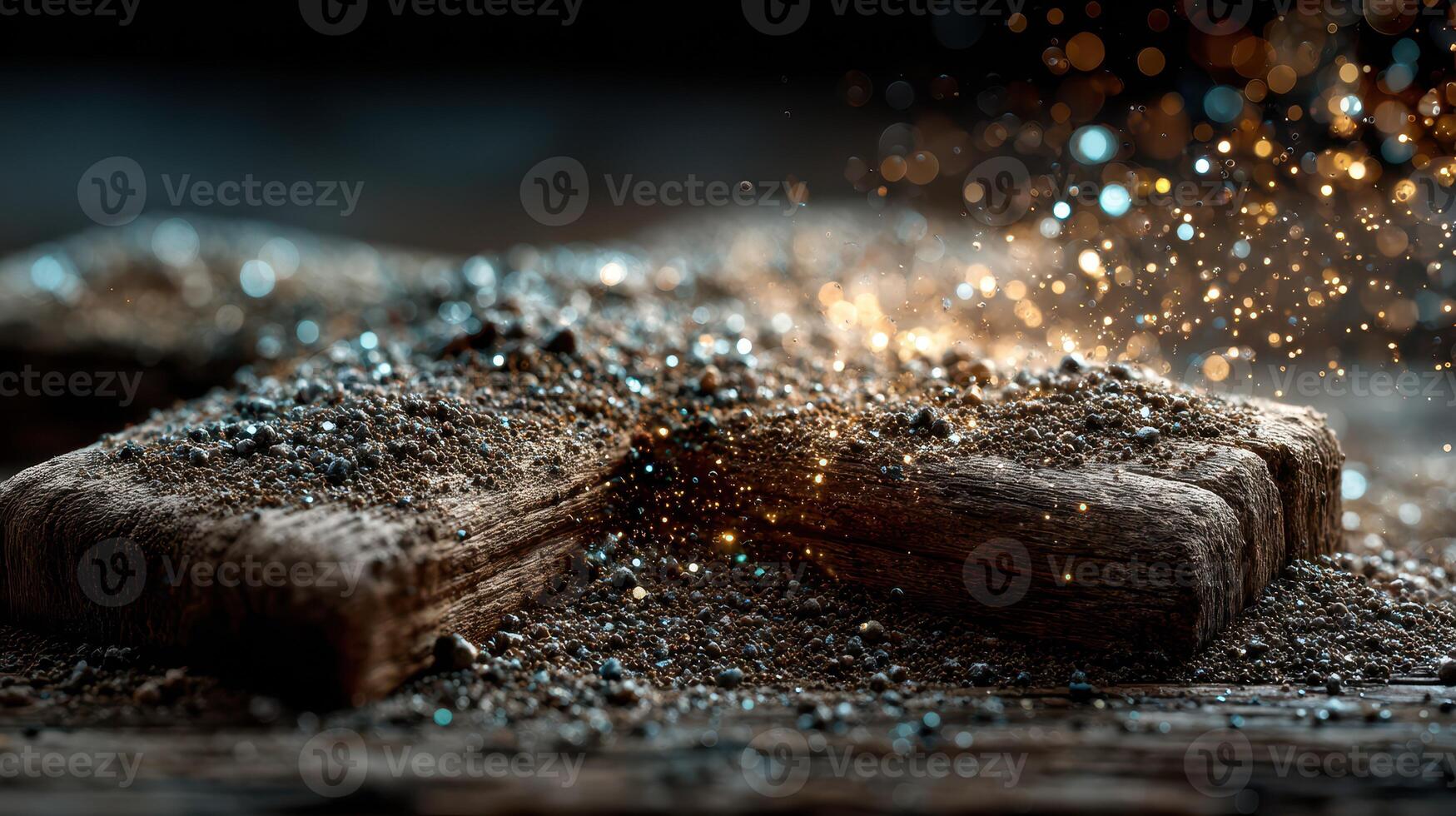 Wooden surface covered in dust with sparkling particles illuminated in soft light during a quiet afternoon photo