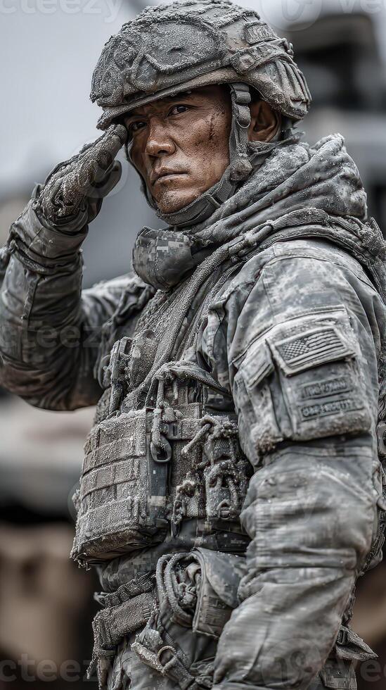 Soldier in military gear saluting with a serious expression in a dusty terrain during training operations photo