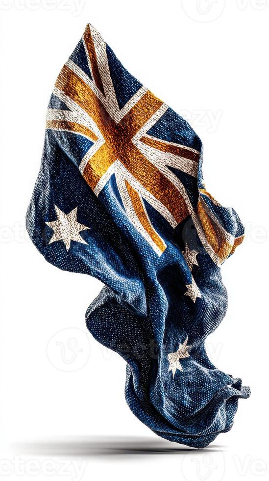 Waving Australian flag displayed in a dynamic, textured form against a white background photo