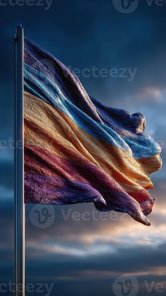Colorful flag waving against a dramatic sky during sunset in a peaceful setting photo