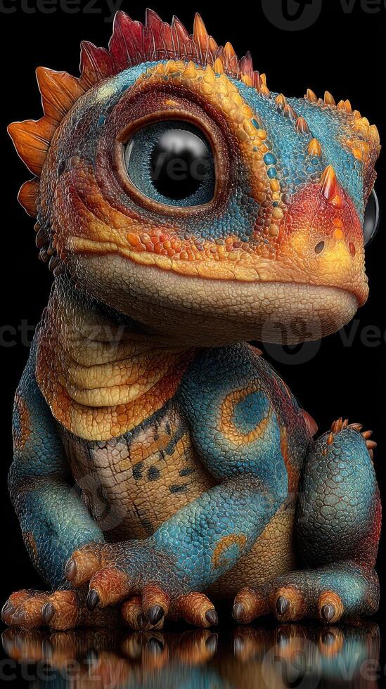 Colorful lizard character with large eyes and textured skin poses on a reflective surface against a black background photo