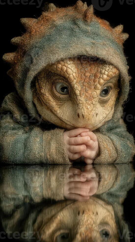 Creature with reptilian features wearing a hoodie silently sits, reflecting on a dark surface during a whimsical fantasy scene photo