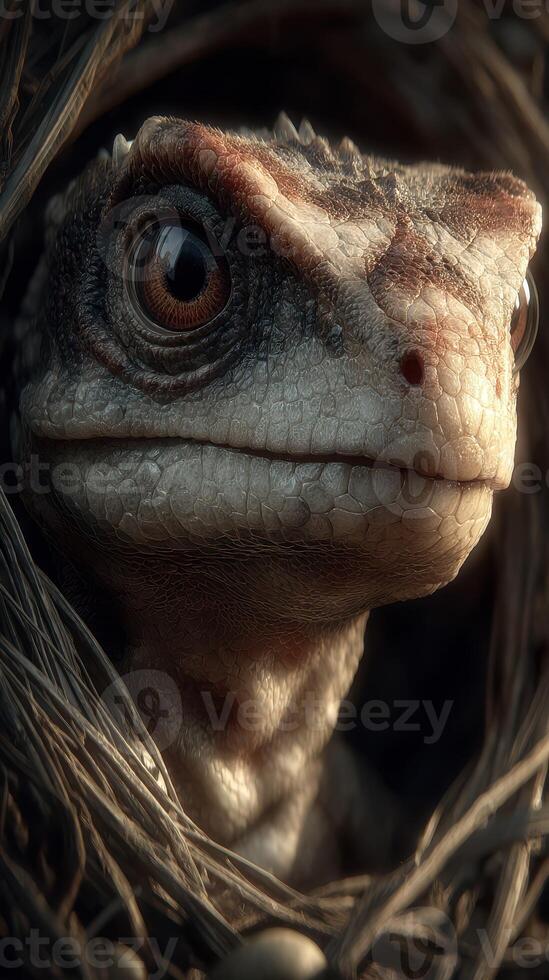 Close-up of a lizard emerging from a nest in a natural habitat during daylight in a dense forest photo
