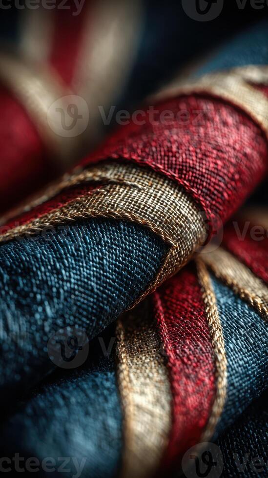 Textile design featuring intricate embroidery in red, blue, and gold elements inspired by traditional patterns photo