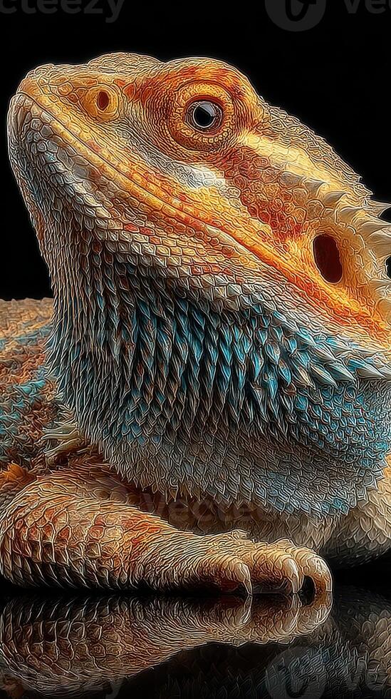 Lizard basking under warm light showcasing vibrant colors and textures in a serene environment photo