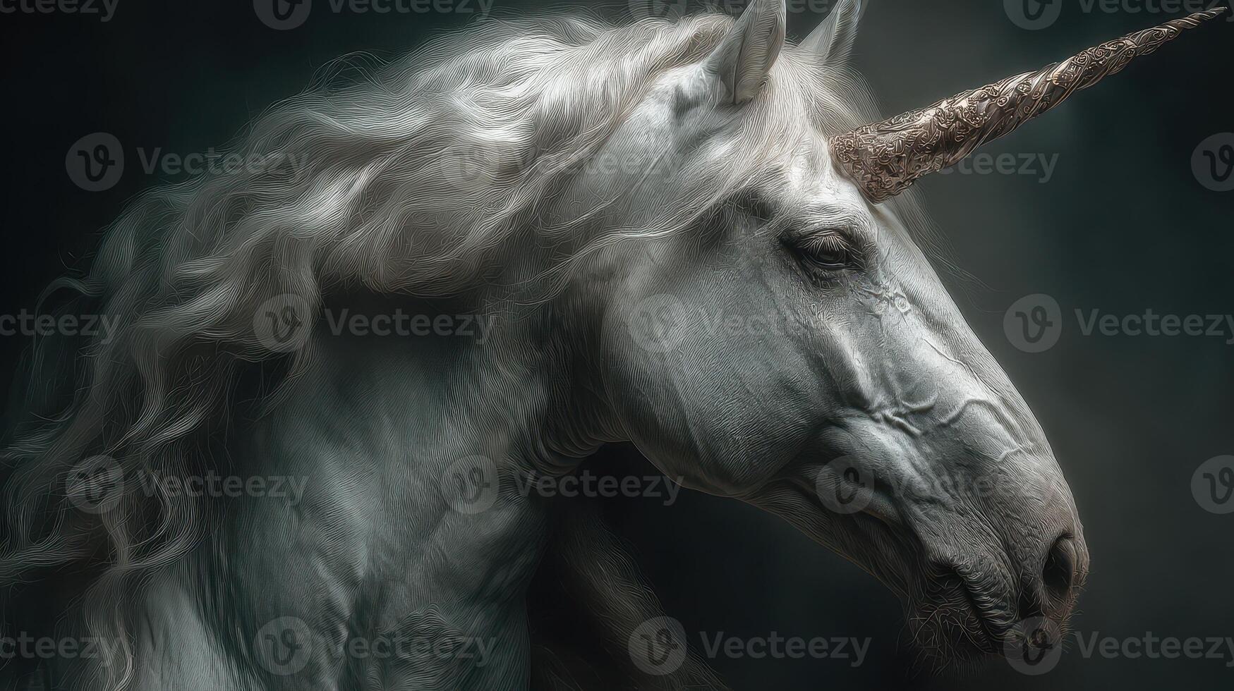 Majestic white unicorn with flowing mane and golden horn in a mystical dark forest setting photo
