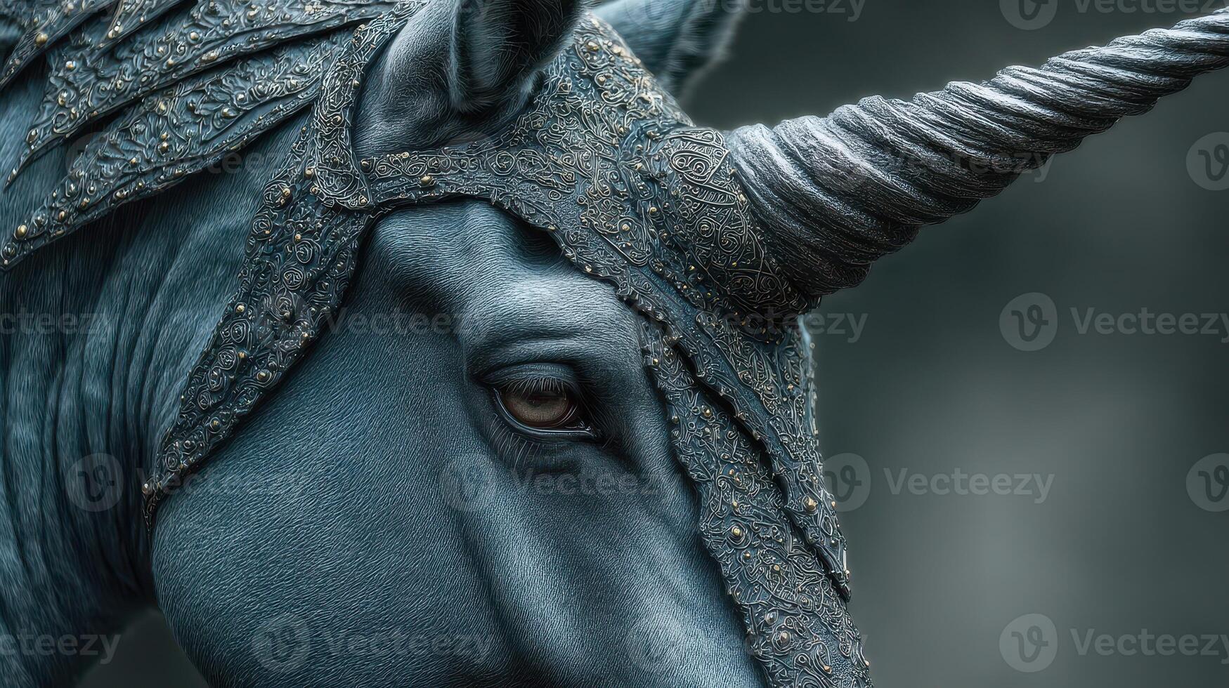 Majestic blue unicorn adorned with intricate armor standing in a mystical forest setting during twilight photo