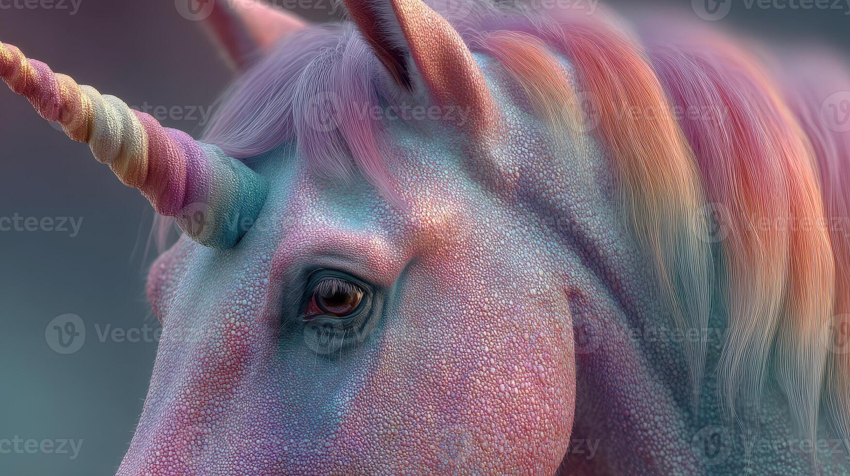 Colorful unicorn with iridescent mane standing against a soft background in a magical forest setting photo