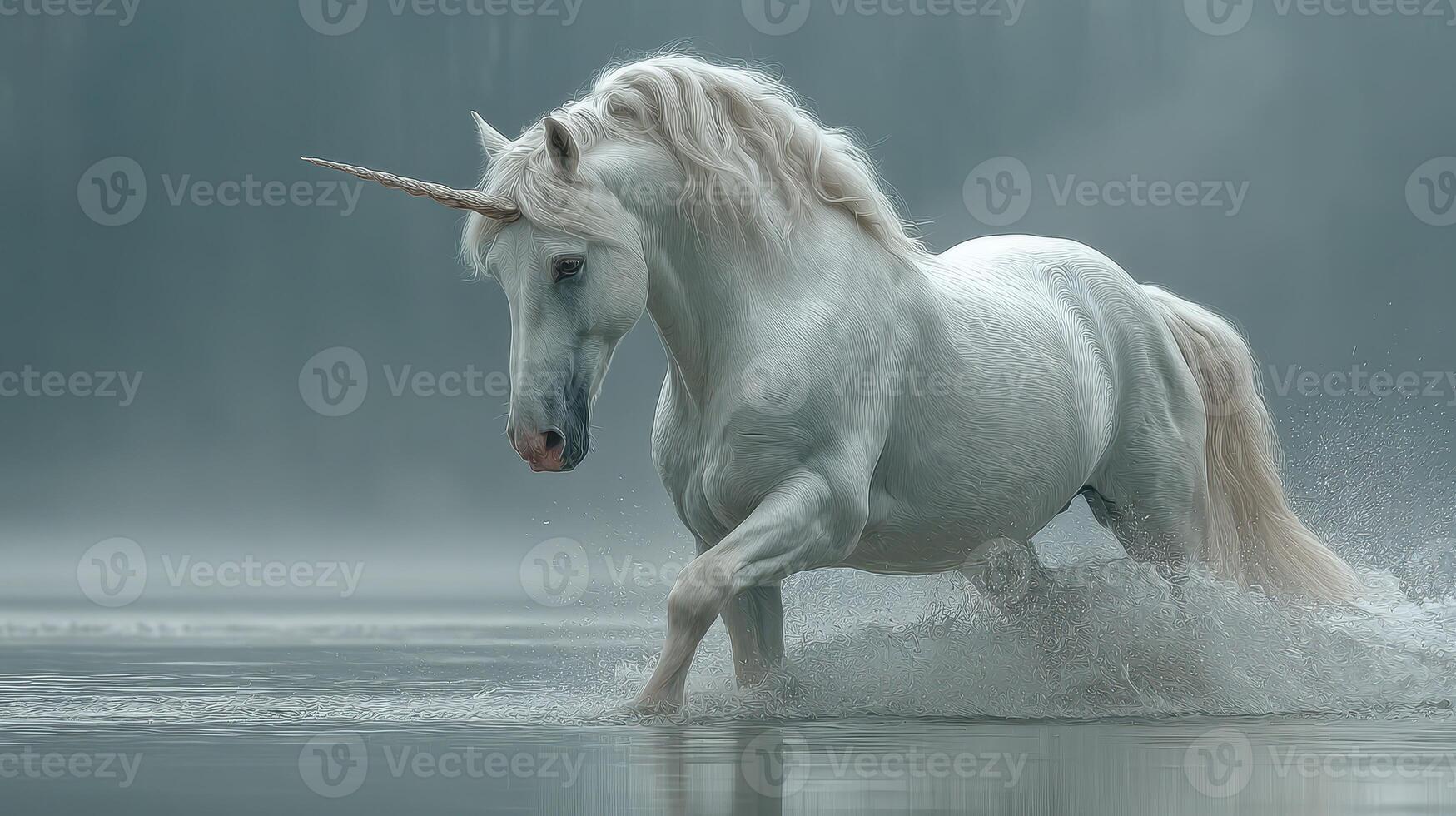 Majestic white unicorn gracefully splashing in tranquil water during a misty morning photo