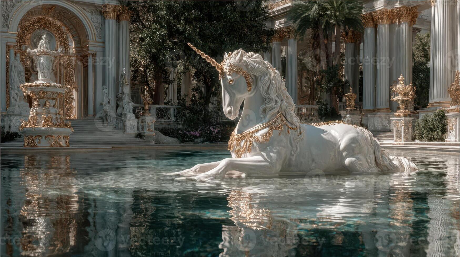 Majestic unicorn statue rests in tranquil water surrounded by opulent architecture and lush greenery during bright daylight photo