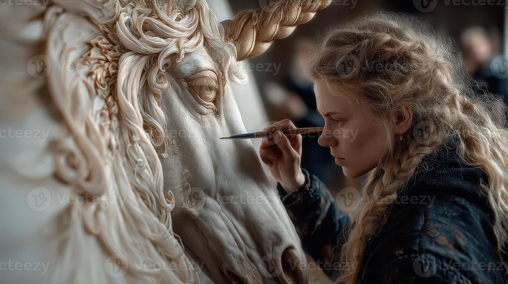 Young artist creates detailed portrait of a unicorn during an art workshop in a cozy studio setting photo