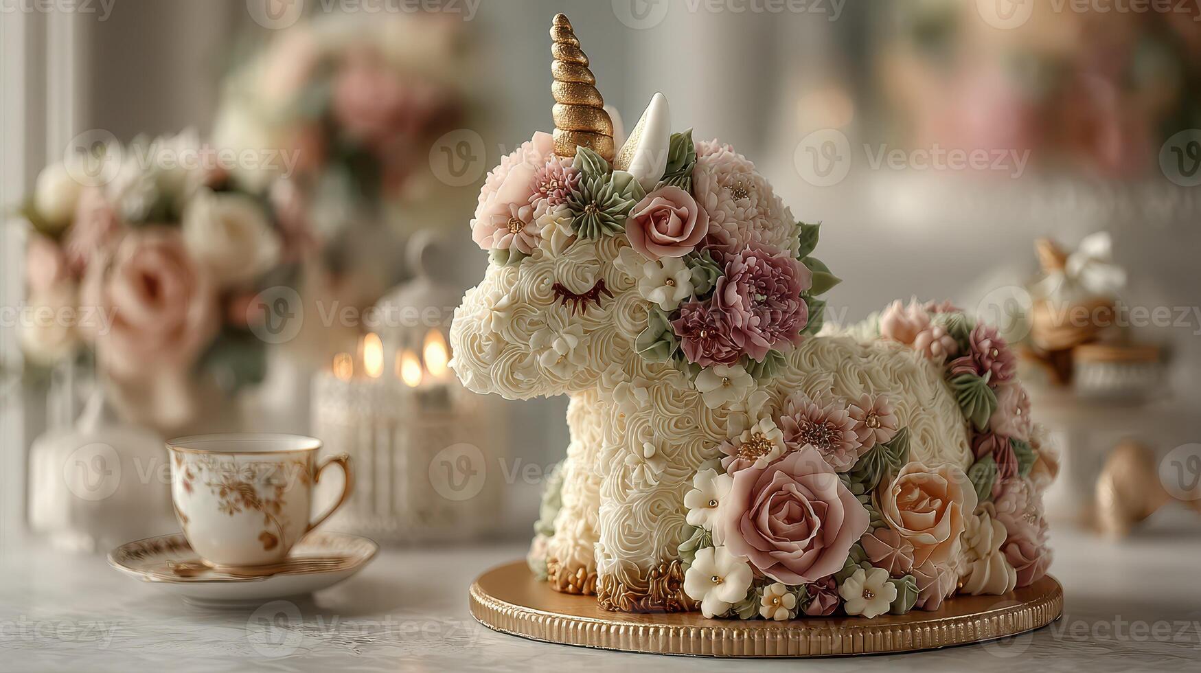 Unicorn cake adorned with floral decorations and a vintage teacup on a marble table at a festive celebration photo