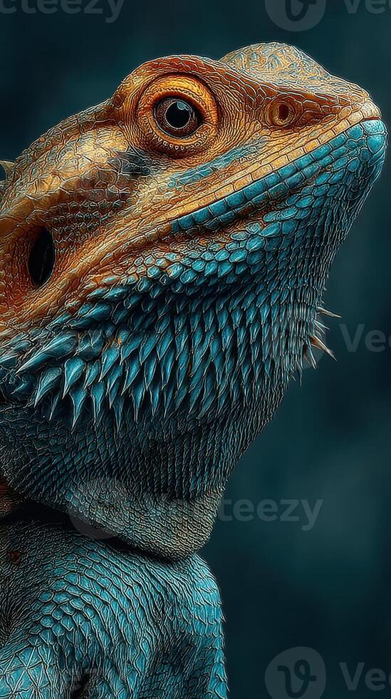 Colorful bearded dragon posing against a dark backdrop in a close-up capture photo