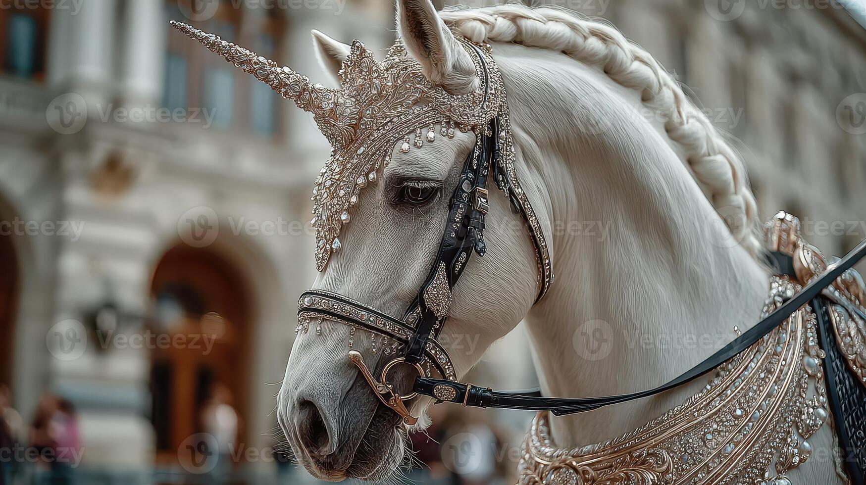 Decorative white unicorn with ornate bridle at a festive outdoor event during the day photo