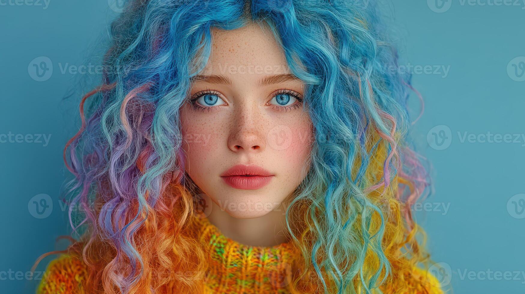 Colorful portrait of a young person with vibrant blue and orange curly hair against a solid blue background in a studio setting photo