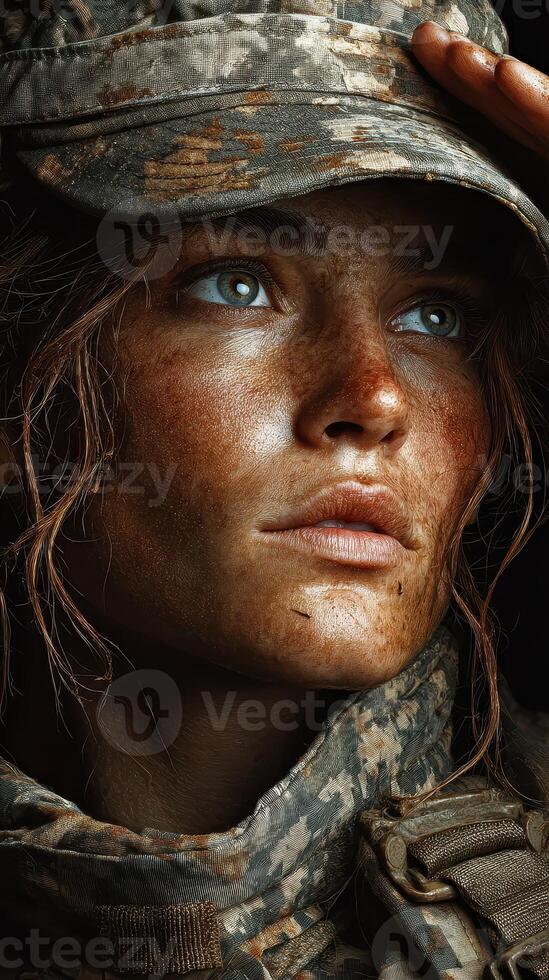 Portrait of a soldier in tactical gear with a determined expression, setting the mood of resilience and strength during a mission photo