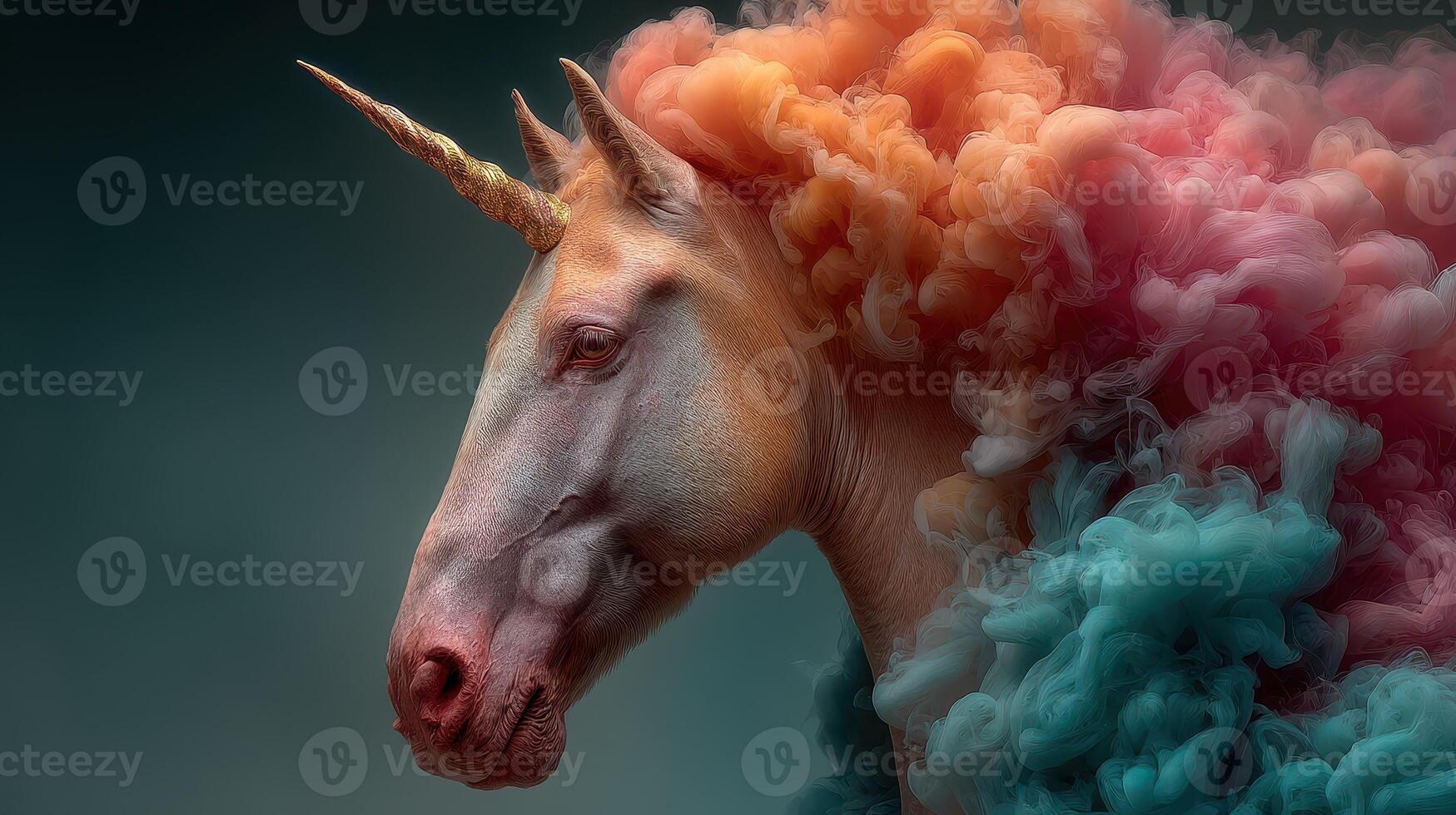 Majestic unicorn surrounded by colorful smoke in a surreal fantasy landscape at twilight photo