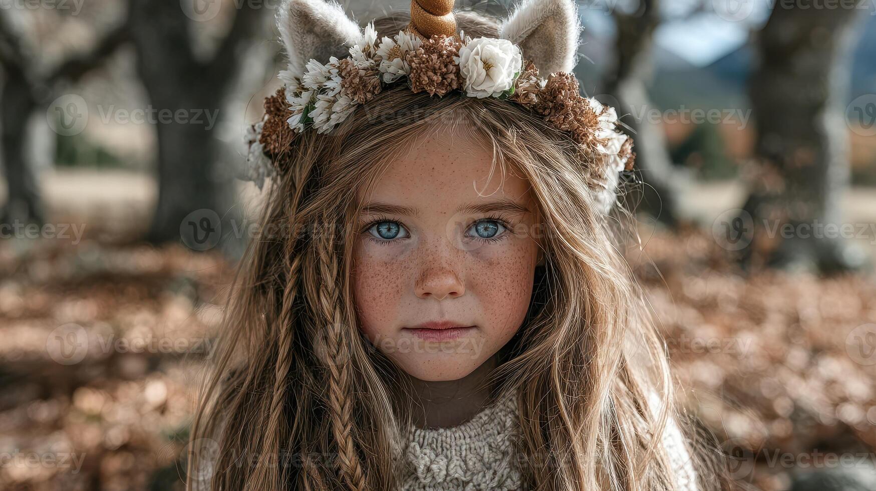 Young girl with unicorn headband and flower crown poses in an autumn forest setting during daylight hours photo