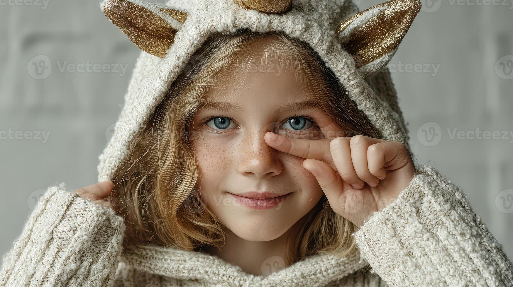 Young child wearing a cozy unicorn hoodie playfully making a gesture in a bright indoor setting photo