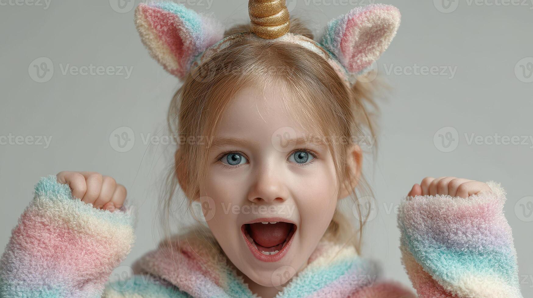 Excited child wearing a unicorn costume celebrates at home with joy and enthusiasm photo