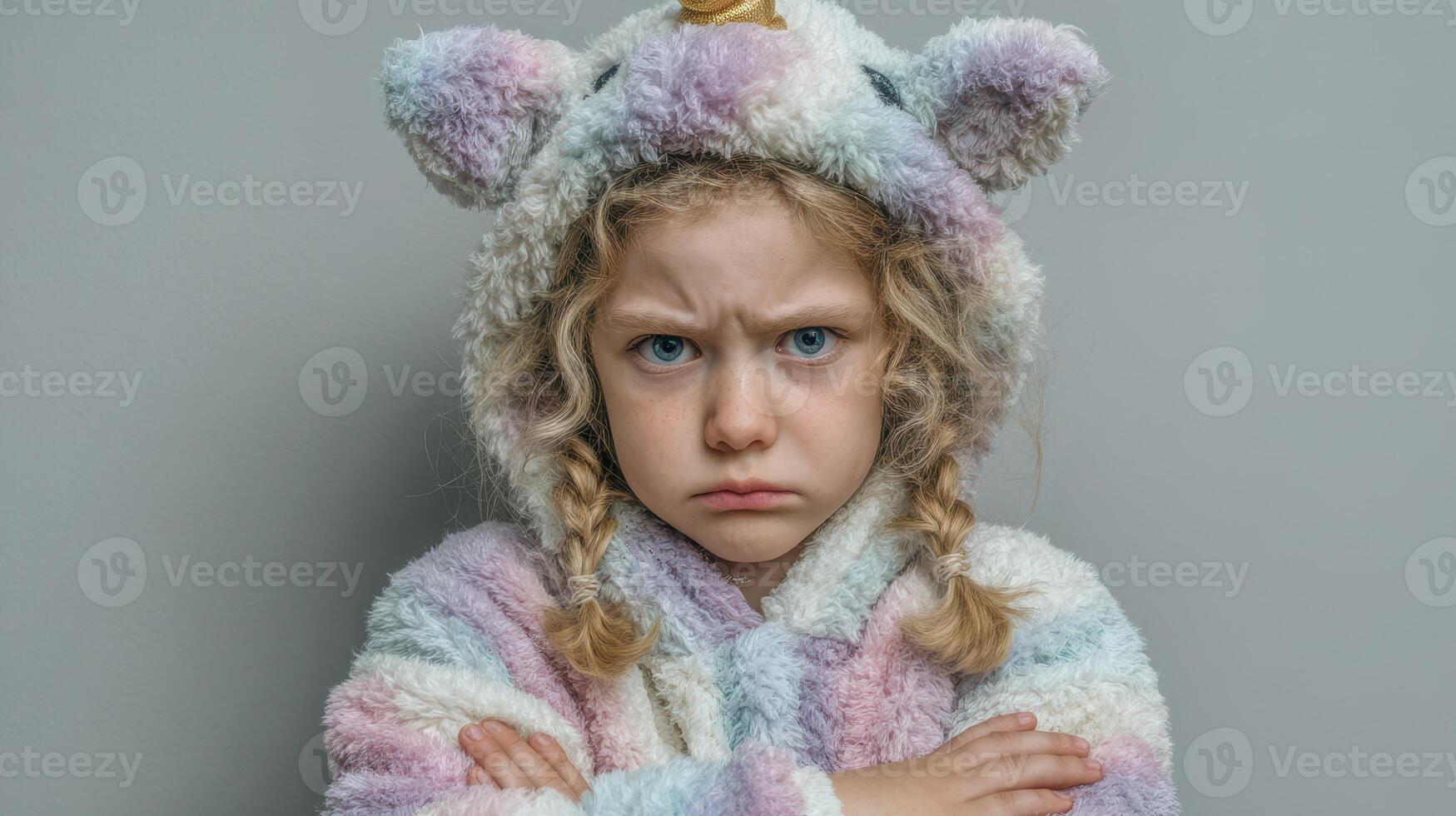 Child dressed in a colorful unicorn outfit is showing a serious expression while crossing her arms against a neutral background photo
