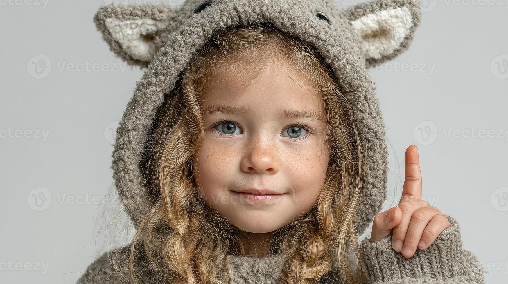 Little girl wearing a cozy animal hoodie smiles while playfully raising one finger in a neutral setting photo