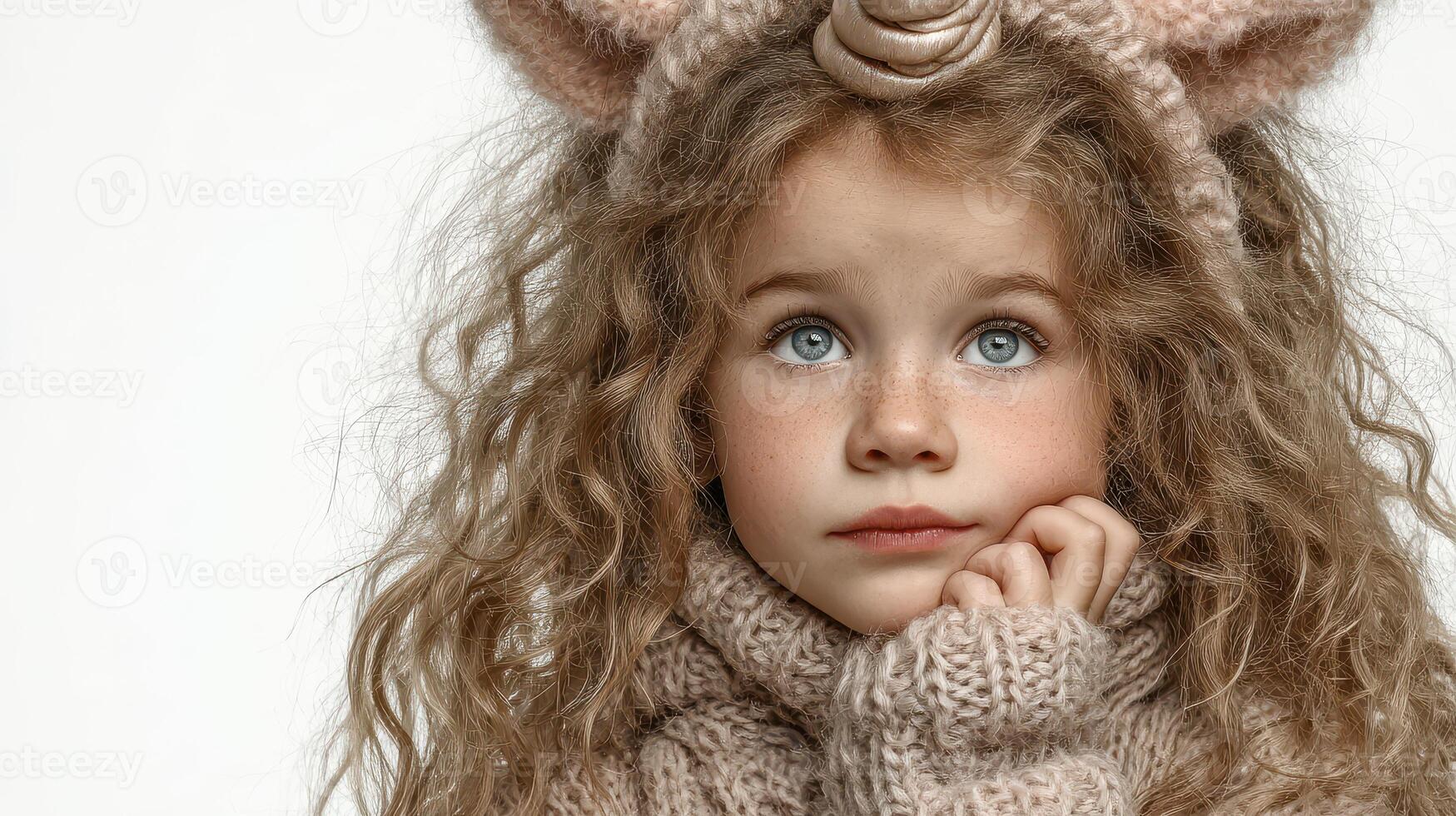 Curious child with curly hair wearing a cozy sweater and animal-themed headband during a quiet indoor moment photo