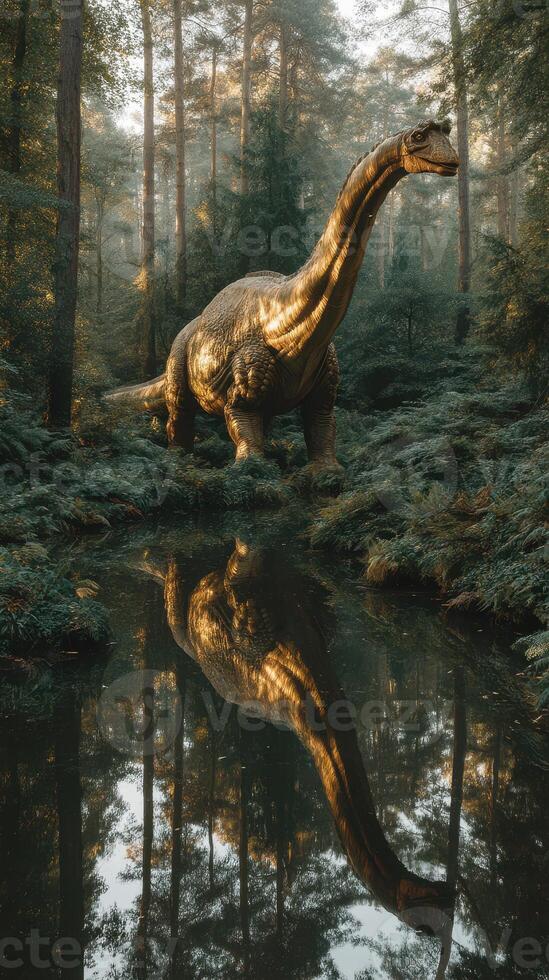 Dinosaur stands by a tranquil pond in a sunlit forest during early morning hours photo
