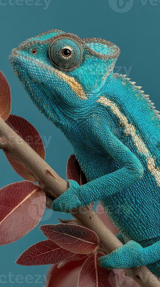 Bright blue chameleon perched on a branch with vibrant leaves against a solid background photo