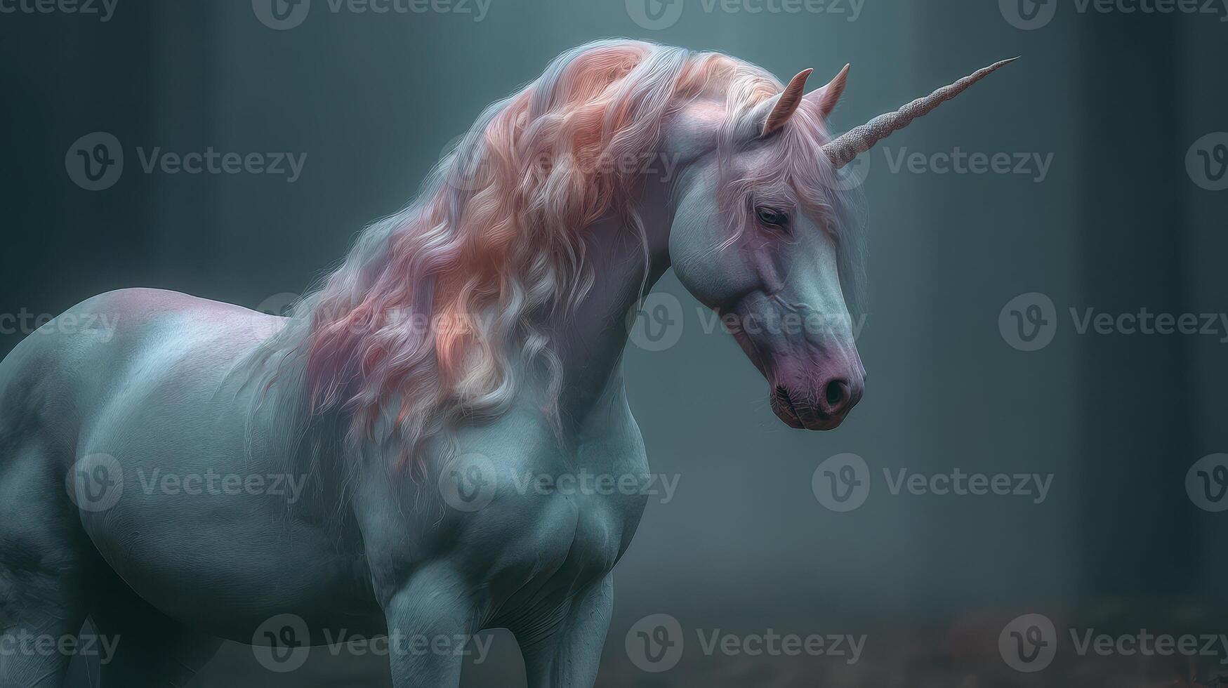 Majestic unicorn stands gracefully in a mystical forest during twilight photo