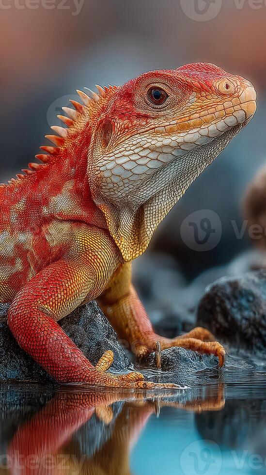 Colorful lizard basking on a rock near water during sunset in a natural setting photo