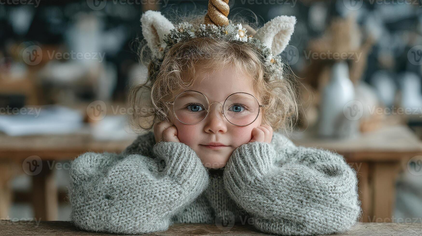 Child with unicorn ears and glasses poses thoughtfully in a cozy indoor setting during daylight photo